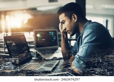 Man, technology and anxiety with city overlay in office for financial risk, mistake and stock market crash. Trading, broker and frustrated with anxiety for investment, failure and bad news of economy - Powered by Shutterstock