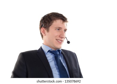 Man With Telephone Headset On Her Head On A White Background