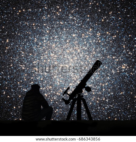 Man with telescope looking at the stars. Globular cluster Omega Centauri in constellation Centaurus
Elements of this image are furnished by NASA.