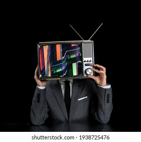 Man with television stuck on head with glitch and distortion on the screen