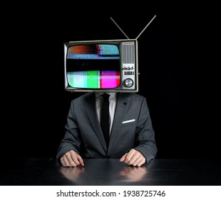 Man with television stuck on head with glitch and distortion on the screen