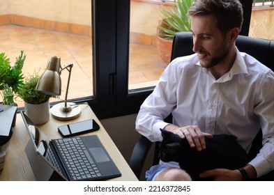 Man Teleworking From Home.
He Wears Blue Pajama Bottoms And A Formal White Shirt.
He Caresses A Black Cat While He Smiles In Front Of The Computer