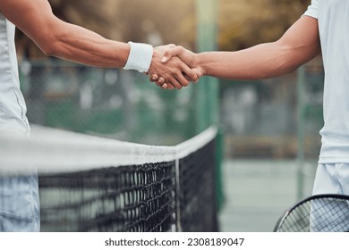 Man, tennis and handshake for fitness, partnership or deal in competition or game on court. Hand of men or friends shaking hands for sports training, teamwork or support friendship in match agreement - Powered by Shutterstock