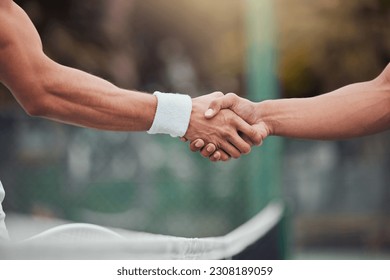 Man, tennis and handshake for partnership, deal or game in competition together on court. Hand of men or friends shaking hands for sports training, teamwork or support friendship in match agreement - Powered by Shutterstock