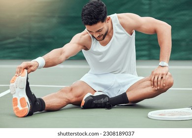 Man, tennis and stretching body in fitness on court getting ready for match or game in the outdoors. Fit and active male person or sport player in warm up leg stretch for workout exercise or training - Powered by Shutterstock