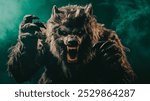 man in terrifying werewolf outfit, showcasing fierce claws and menacing expression, embodies essence of Halloween. dramatic lighting enhances spooky atmosphere.