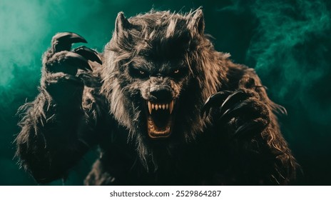 man in terrifying werewolf outfit, showcasing fierce claws and menacing expression, embodies essence of Halloween. dramatic lighting enhances spooky atmosphere.