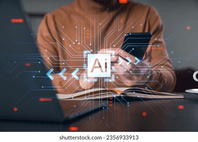 Man text read send message by phone. Holding using smartphone typing at office workplace with notebook. Concept of distant work, business education. Technology Ai and robotics