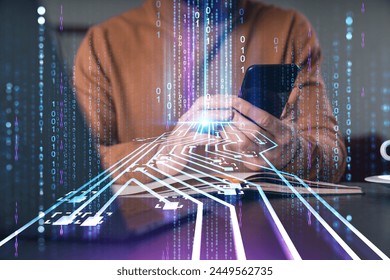 Man text read send message by phone. Holding using smartphone typing at office workplace with notebook. Concept of distant work, business education. Technology Ai and robotics