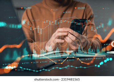 Man text send read message on Phone. Holding using smartphone typing at office workplace with notebook. Concept of distant work, business education. Forex market stock and charts, graphs.
