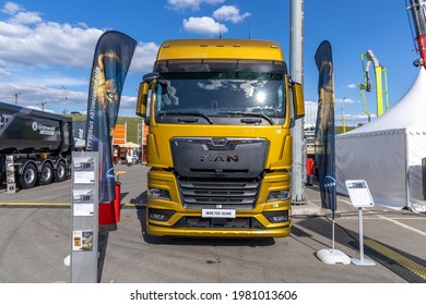 MAN TGX GX 18.640 semitrailer tractor at the construction exhibition Bauma CTT Russia. Cab close-up, front view. Moscow, Russia - May 25-28, 2021