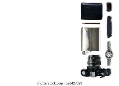 Man things flat lay isolated on white background. Composition with camera, flask, purse, penknife and watch. Mock up for art works and greeting card fathers day.