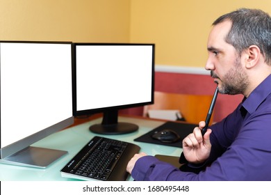 Man thinking on front of computer. Man  Teleworking