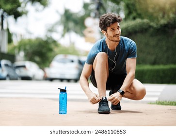 Man, thinking and tie shoes for fitness, exercise and preparation to run marathon on road. Outdoor, male person and sneakers lace before training, workout and ideas of runner for sports journey - Powered by Shutterstock