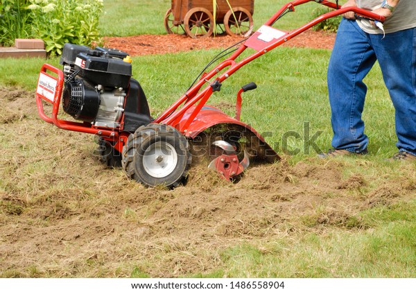 Man Tilling New Garden Small Motorized Stock Photo Edit Now