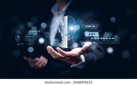 Man touch bar Chat bot Chat with AI, Artificial Intelligence,System Artificial intelligence an artificial intelligence chatbot, Digital chatbot, Robot application, conversation, command  - Powered by Shutterstock