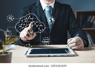 man touch cloud computing diagram show on hand.Data storage.the use of online digital network technology in business, buying and selling commerce online digital marketplace.payment online concept.