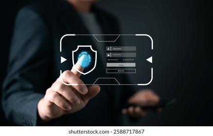 man touch with a futuristic login interface using biometric fingerprint authentication. digital display includes a shield icon, username, password fields, symbolizing secure cyber data protection.