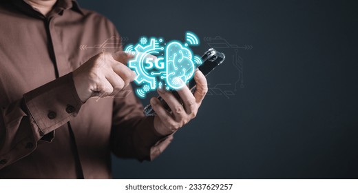 man touch icon cloud computing and 5G diagram show on hand. Data storage.Cloud technology.Secure backup and consistency Networking and internet service concept.Implement storage technology in business
