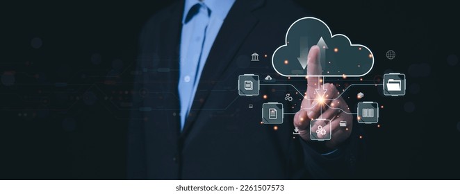 Man touch on cloud computing diagram.Data storage, data transfer, Networking and internet service concept, technology internet storage network.