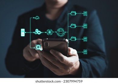 man touch screen to manage data,Document Management System (DMS),knowledge and documentation in enterprise with ERP.online documentation database and process automation to efficiently manage files.