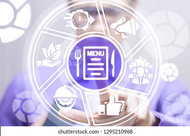 Man Touched A Restaurant Menu With Fork Knife Icon On A Virtual Screen. Cafe Food Brochure. Web Online Order.