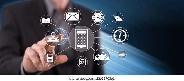 Man touching an apps concept on a touch screen with his finger - Shutterstock ID 2363370361