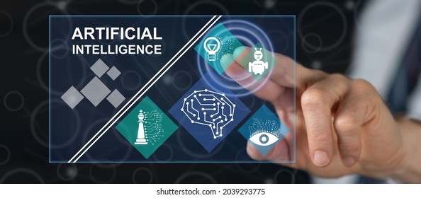 Man touching an artificial intelligence concept on a touch screen with his finger