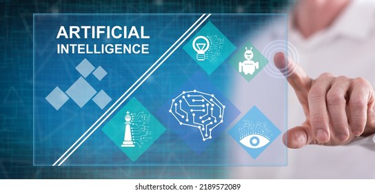 Man touching an artificial intelligence concept on a touch screen with his finger