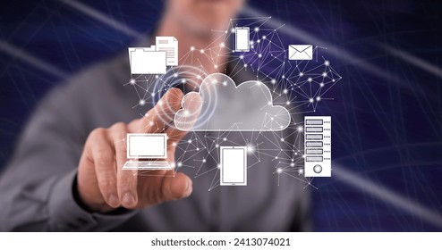 Man touching a cloud computing concept on a touch screen with his finger