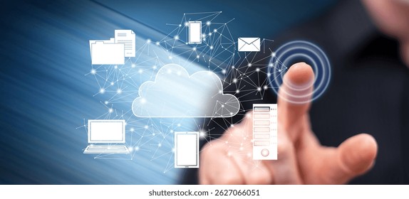Man touching a cloud computing concept on a touch screen with his finger