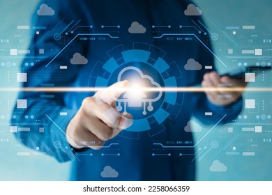 Man touching cloud computing icon on virtual screen. Concept of electronic file management using cloud technology.