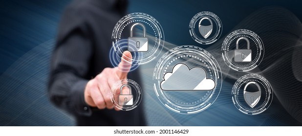 Man touching a cloud security concept on a touch screen with his finger