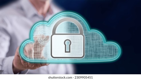 Man touching a cloud security concept on a touch screen with his finger