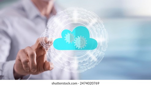 Man touching a cloud technology concept on a touch screen with his finger