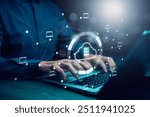 Man touching connect to data information on the Cloud Computing Technology Internet Storage Network Concept And a large database big data Through internet technology, Cloud sharing download and upload