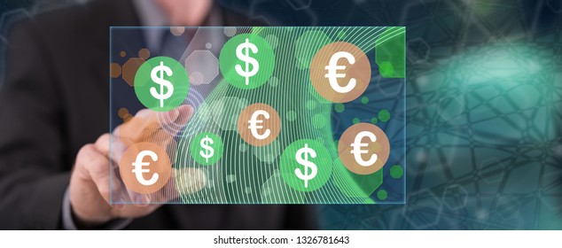 Man touching currency exchange concept on a touch screen with his finger - Shutterstock ID 1326781643