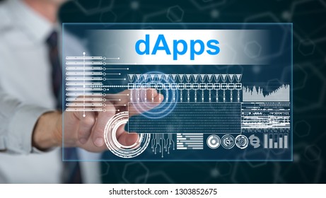 Man touching a dapps concept on a touch screen with his finger