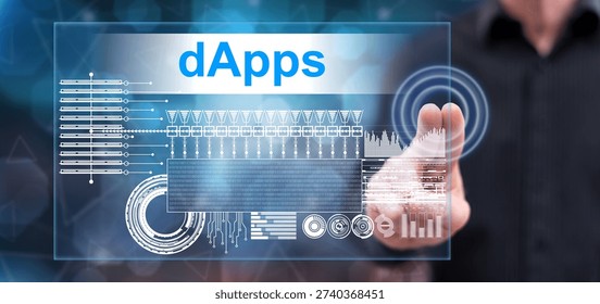 Man touching a dapps concept on a touch screen with his fingers