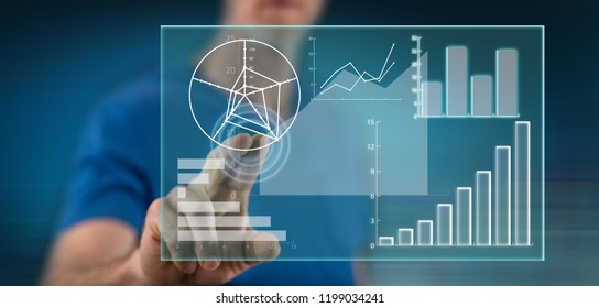 Man touching a data analysis concept on a touch screen with his finger