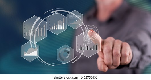 Man touching a data analysis concept on a touch screen with his finger