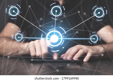 Man touching data network with his finger.