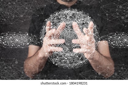 Man touching data network with his fingers.