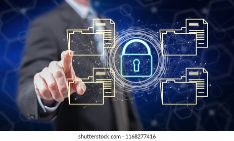 Man touching a data security concept on a touch screen with his fingers