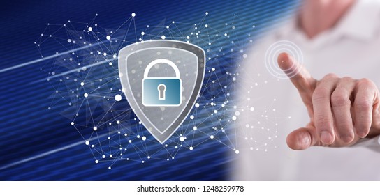 Man touching a data security concept on a touch screen with his finger