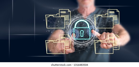 Man touching a data security concept on a touch screen with his fingers