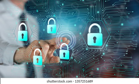 Man touching a data security concept on a touch screen with his finger