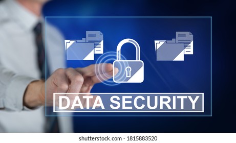 Man touching a data security concept on a touch screen with his finger