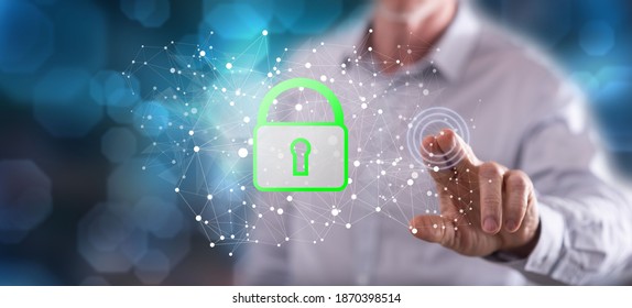 Man touching a data security concept on a touch screen with his finger