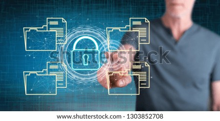 Man touching a data security concept on a touch screen with his finger
